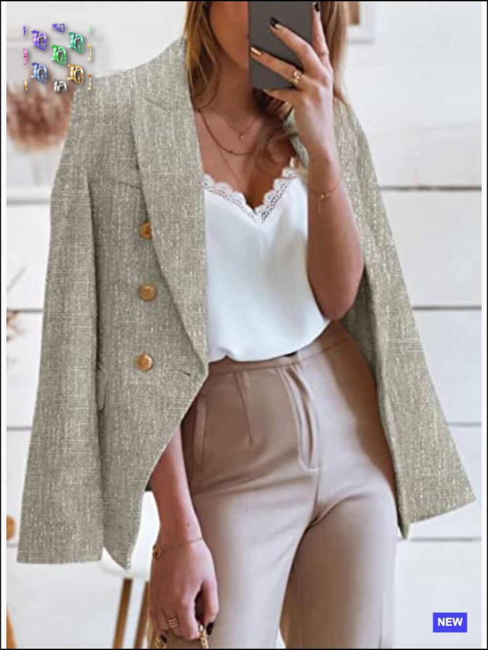 Tweed Blazer Double Breasted Open Front Slim Fit Business Casual Chic - Picture 2 of 7